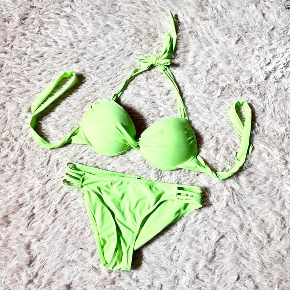 Neon Lime Pushup Strappy Clean Girl Bikini Womens M Statement Swim Beachy Resort